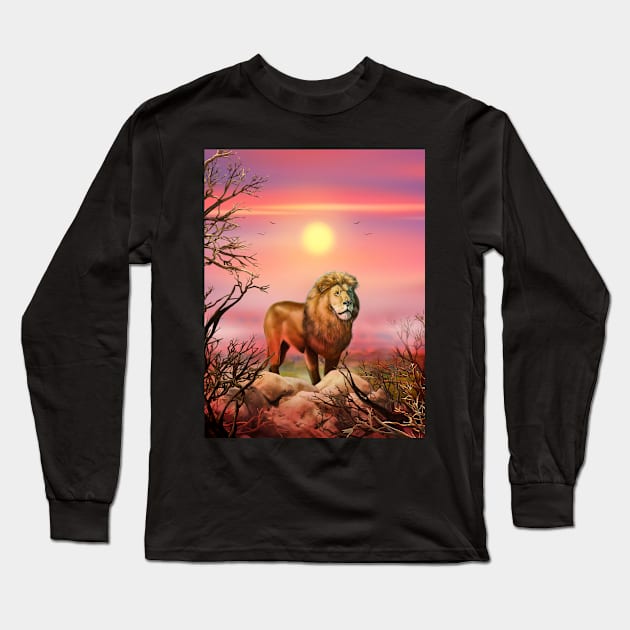 Lion king a wild animal. Sunset Wild African lion in nature. Retro style. Realistic Oil painting illustration. Wildlife Hand Drawing poster Long Sleeve T-Shirt by sofiartmedia